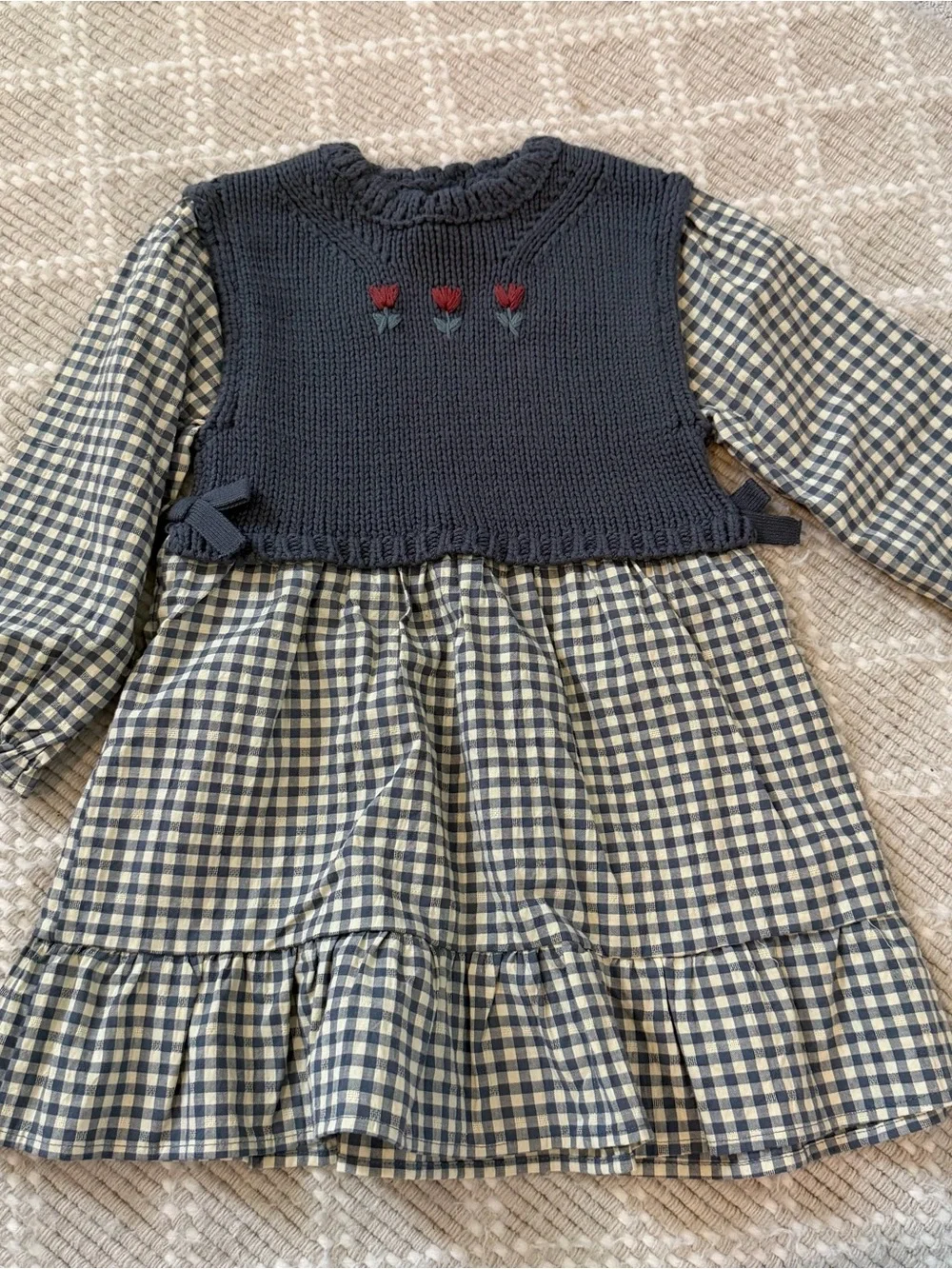 NWOT Zara Navy Knit Vest Over Blue & Cream Gingham Dress